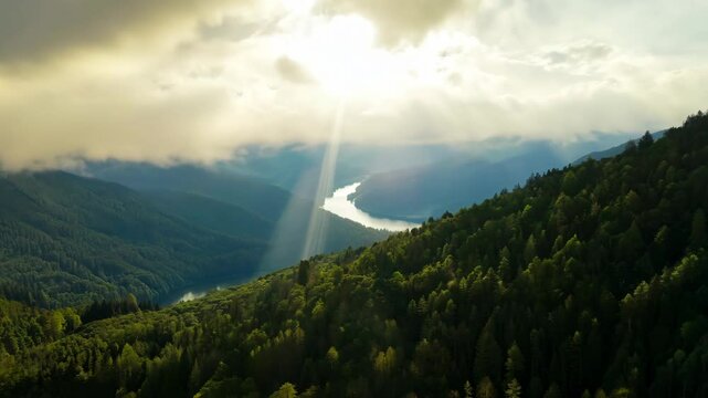Arial view of white clouds toward visible forested valley below