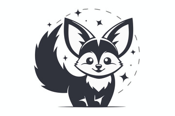Happy cartoon fox with large ears and a fluffy tail appears surrounded by stars