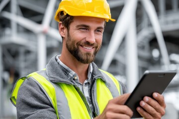 Construction professional uses tablet for project management in busy industrial setting