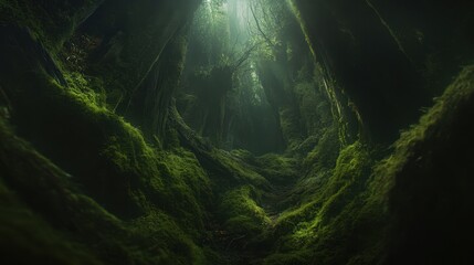 Moss-covered path in a mysterious woodland.