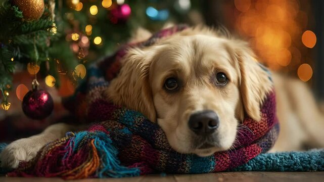 Adorable golden retriever puppy wrapped in a colorful scarf rests near a decorated Christmas tree with warm bokeh lights. Festive holiday scene.


