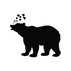 Silhouette of a bear with butterflies fluttering near its nose, on white
