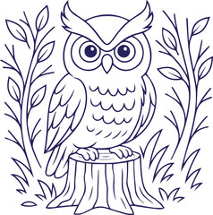 Obraz premium Owl sitting on tree stump in forest outline illustration
