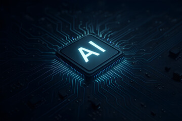 AI microchip glowing with digital lines spreading across a motherboard, sci-fi lighting effect, dark tech theme.