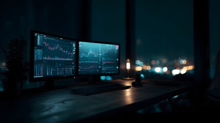 Night trading setup with luminous financial dashboards and moody lighting