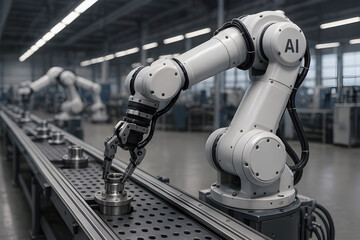 AI powered robot arm working on a production line in a smart factory, industrial setting.