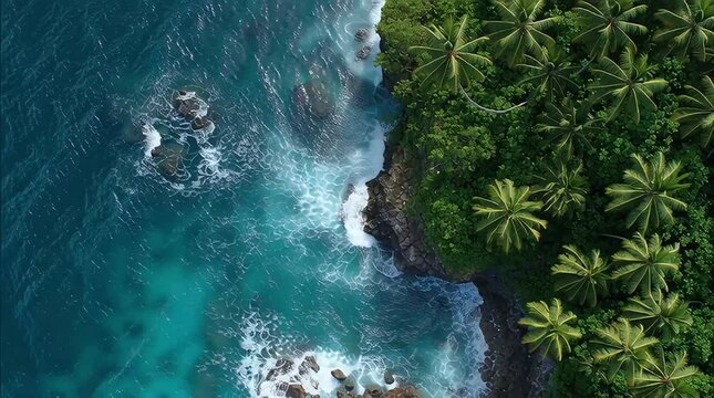 A turquoise tropical coastline with waves crashing against cliffs