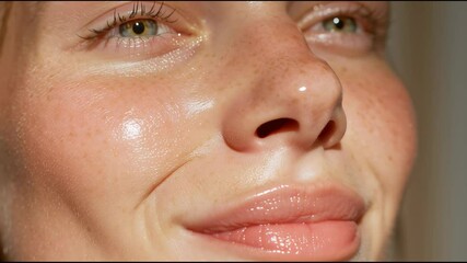 Freckled woman carefully applying moisturizing cream, radiating natural beauty while pampering skin during gentle skincare routine - Powered by Adobe