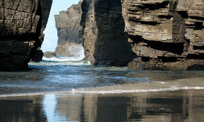 Rock formation at Playa de las Catedrales in Galicia, Spain