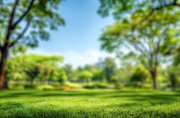 Blurred park scene with green grass