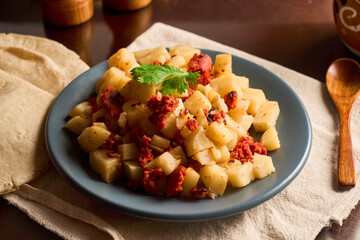 Mexican Papa con Chorizo or potatoes with chorizo Meal. Spicy Pork Sausage