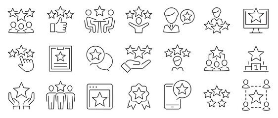 5 stars positive review. Rate icons set. Feedback icon collection. Concept of best ranking. Customer review. Good result. Star, envelope, smiling emoji, like thumb up and speech bubble.