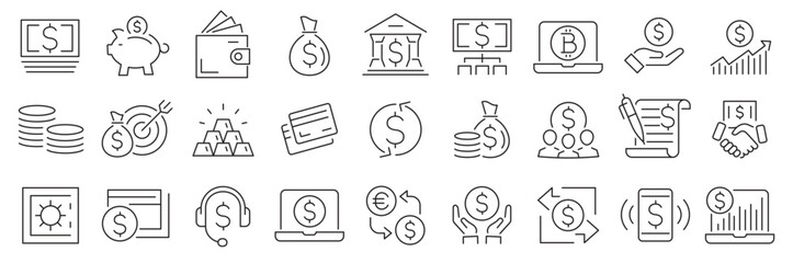 Money Thin Line Icon Set. Finance icon set. Money signs. Vector business and finance editable stroke line icon. Bank, check, law, auction, coins, exchance, payment, wallet, deposit, piggy. Vector