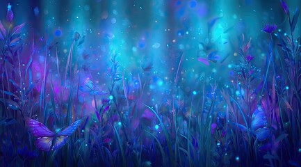Mystical glowing meadow at night