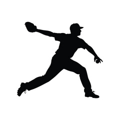 Black silhouette of a baseball pitcher throwing ball in mid action