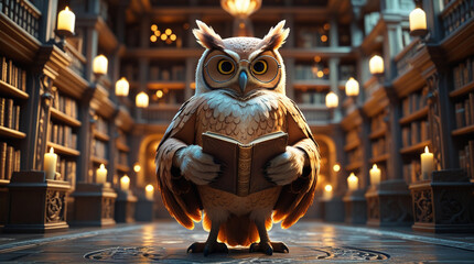 A cartoon owl with glasses reading an ancient book in a grand candlelit library, creating a magical and scholarly atmosphere.