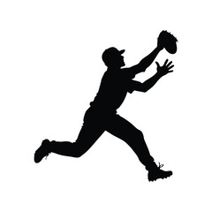 Silhouette of a baseball player leaping to catch the ball with mitt