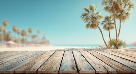 Wooden deck overlooking a beach scene