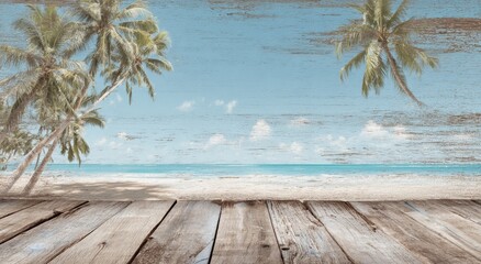Tropical beach scene on a weathered wooden deck