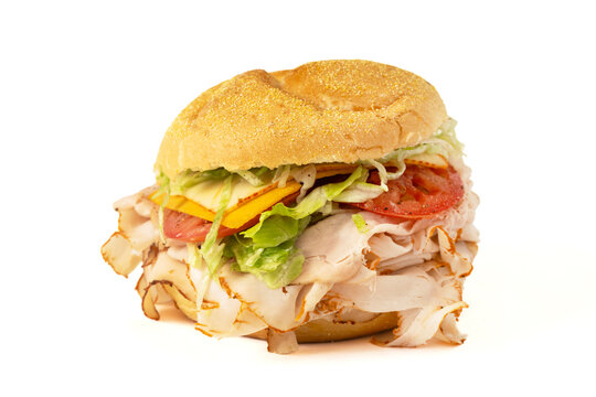 A Turkey and Cheese sandwich on a white background
