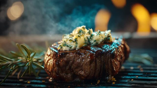 Gourmet filet mignon steak with melting herb butter and rosemary grilling over an open fire. Close-up video frame with smoke and flames in the background.

