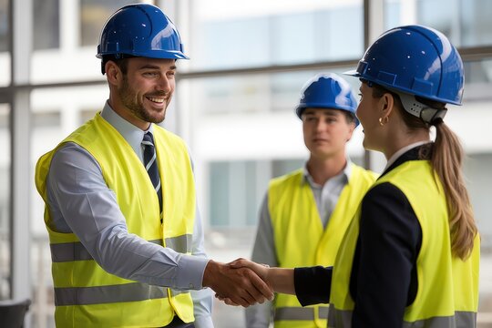 Two construction workers shake hands, signifying a successful partnership