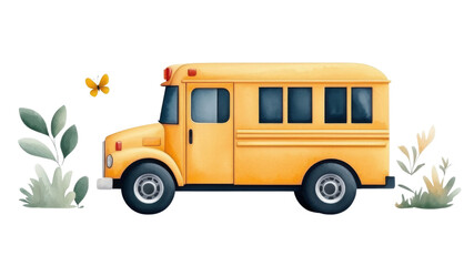 Whimsical yellow school bus surrounded by nature