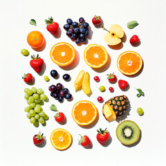 Naklejka premium Assortment of fresh fruits including oranges grapes strawberries pineapple and kiwi