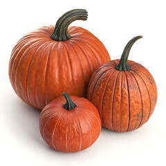 A still life of three pumpkins of varying sizes arranged on a white surface in a studio setting