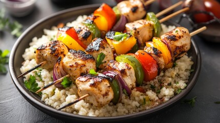 Grilled chicken skewers with bell peppers, onions, and couscous, fitness food idea generative ai