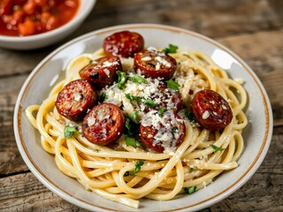 Delicious spaghetti with chorizo and herbs on a rustic wooden table, perfect for food concepts
