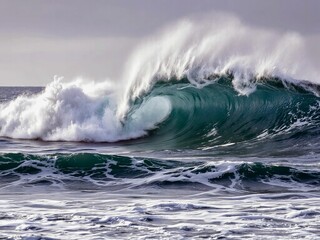 Obraz premium Powerful ocean wave crashing with white foam under cloudy sky