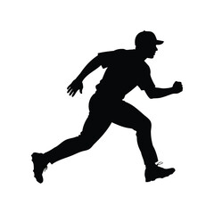 Silhouette of a baseball player running towards first base with determination