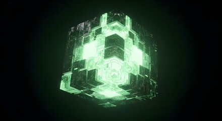 Surreal floating uranium cube in dark space, eerie green glow, sci-fi mystery, cinematic lighting.