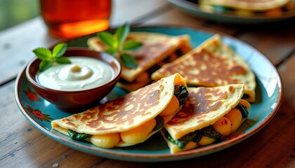 Delicious stuffed pancakes with yogurt sauce and mint on wooden table
