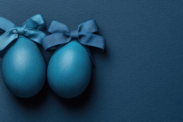 Two teal Easter eggs with blue ribbon bows on dark blue background