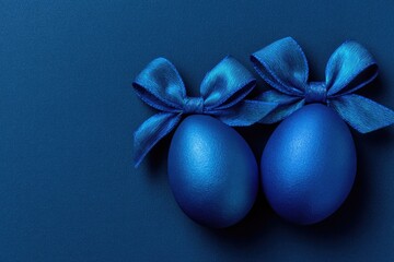 Two vibrant blue eggs, elegantly tied with a satin ribbon
