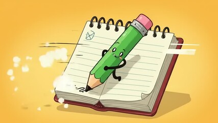 Animated pencil character joyfully writing in a notebook with a playful background and sparkles - Powered by Adobe