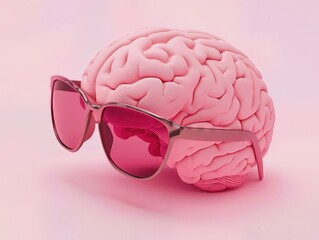 Pink Brain Wearing Sunglasses on a Soft Pink Background
