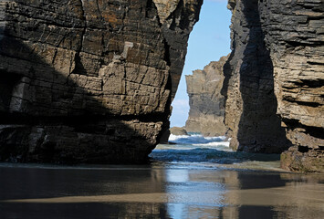 Rock formation at Playa de las Catedrales in Galicia, Spain