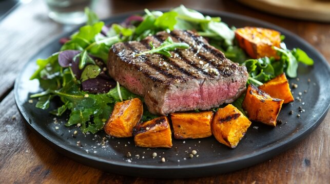 Grilled steak with mixed greens and roasted sweet potatoes, healthy balanced meal generative ai - Powered by Adobe