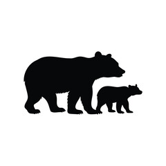 Silhouette of a mother bear walking with her cub in black