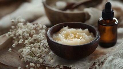 Natural skincare products for beauty routine and organic wellness with essential oil and shea butter