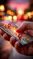 Close-up of hand holding smartphone with glowing map with location markers on blurred background