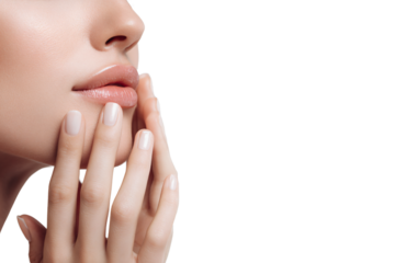 Closeup of fingers touching lips in soft studio lighting
