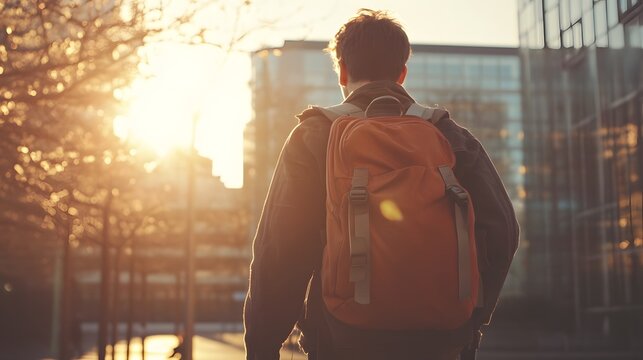 Person with backpack walking in city at sunrise or sunset travel and adventure photography lifestyle image