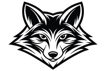 Black and white fox head shows an angular tribal logo face directly