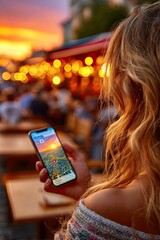 Hand holding smartphone with online map app and marked destination. Woman in background. Rear view.