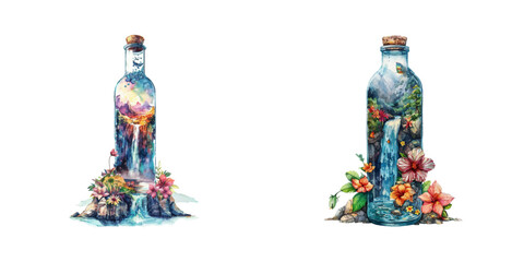 beautiful waterfall in the bottle watercolor vector illustration
