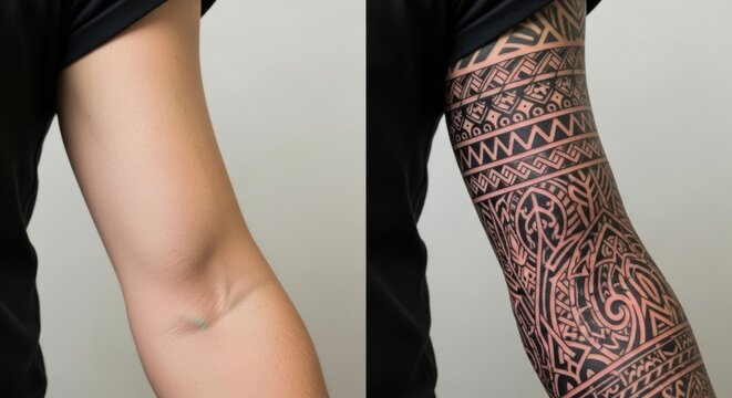 Caucasian adult male arm tattoo transformation with intricate tribal design